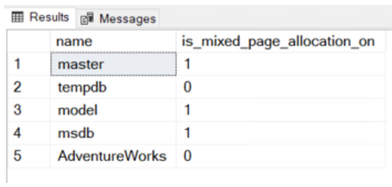 รูปแสดงผลการ run sql จะเห็นว่า ฐานข้อมูลใดบ้าง ที่ถูกกำหนดให้ใช้ Mixed Extents 